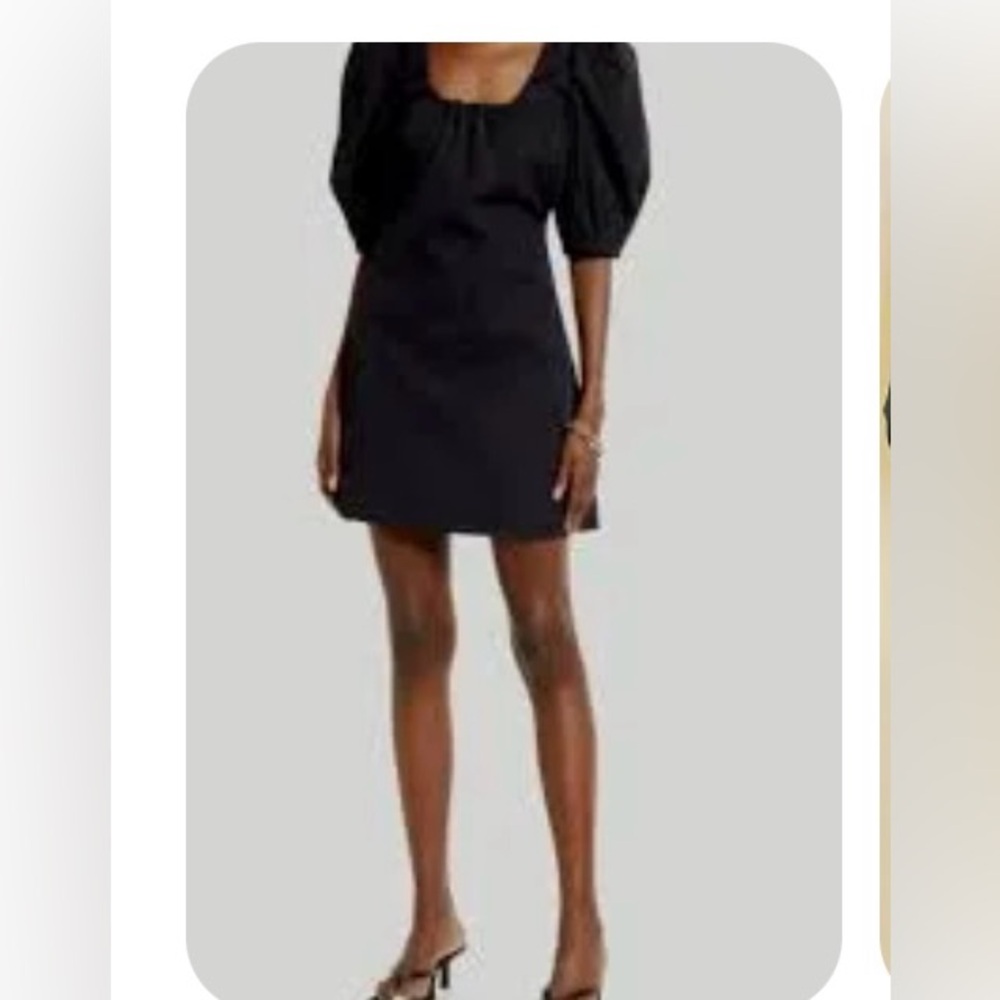 Open Edit black mini dress back cutout puff sleeve lined medium cotton